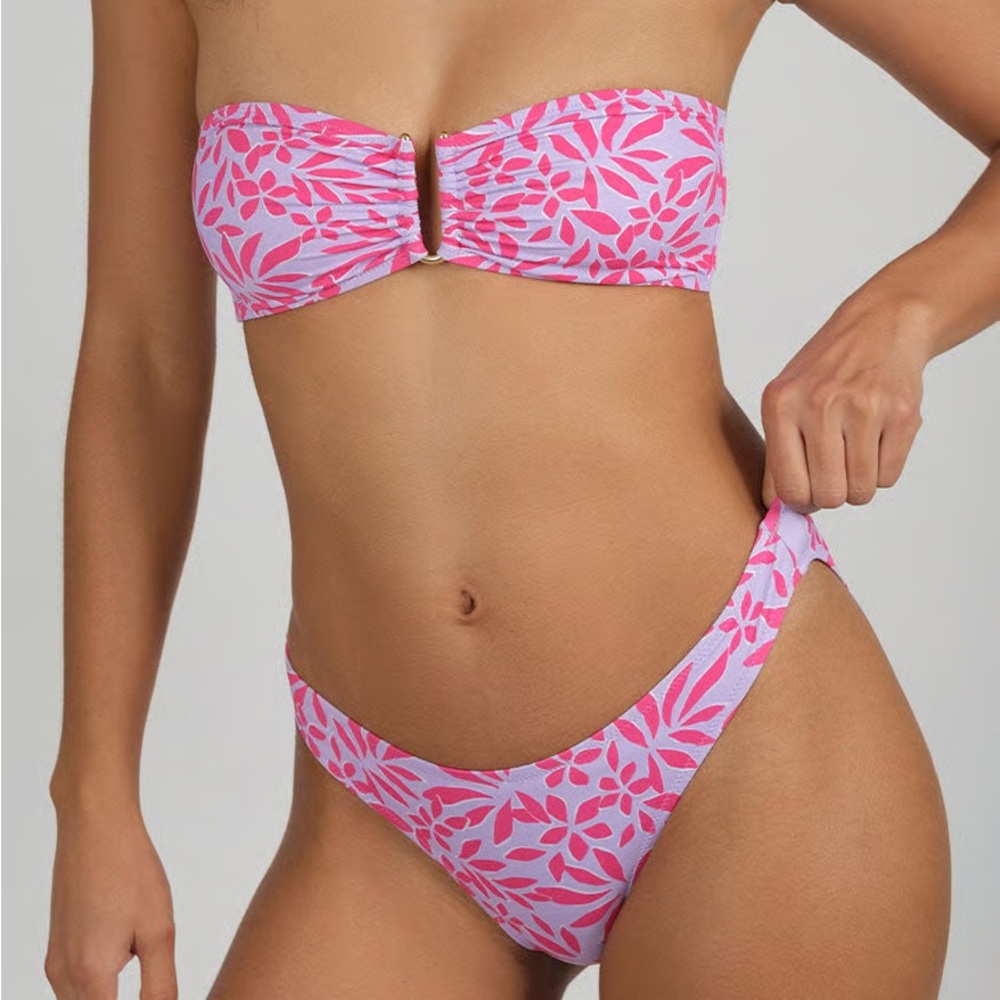 NWOT Lively Swim U Front Bandeau & High Waist Bikini Bottom Retro Palm Print M
